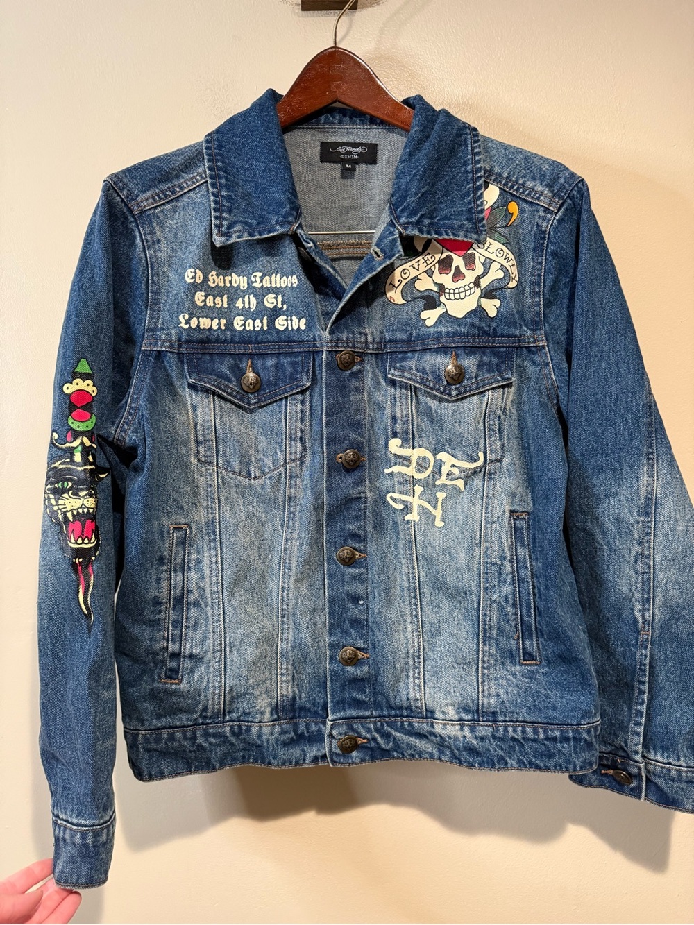 ED HARDY Flaming skull denim jacket men’s medium - Picture 9 of 10